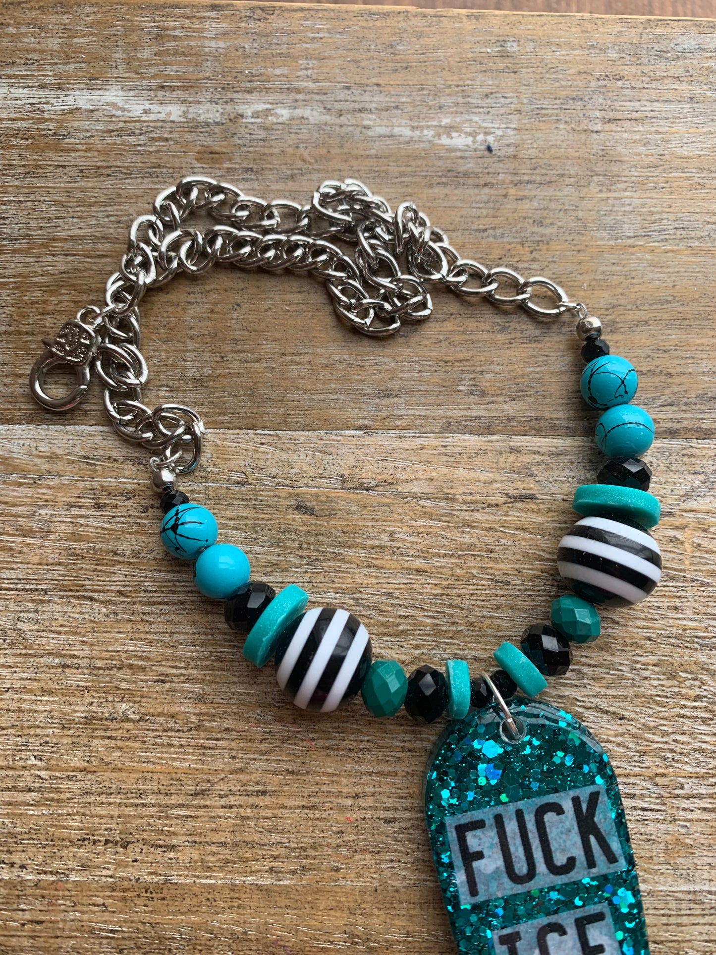 Fuck Ice Teal & Black Resin Gothic Beaded Protest Necklace