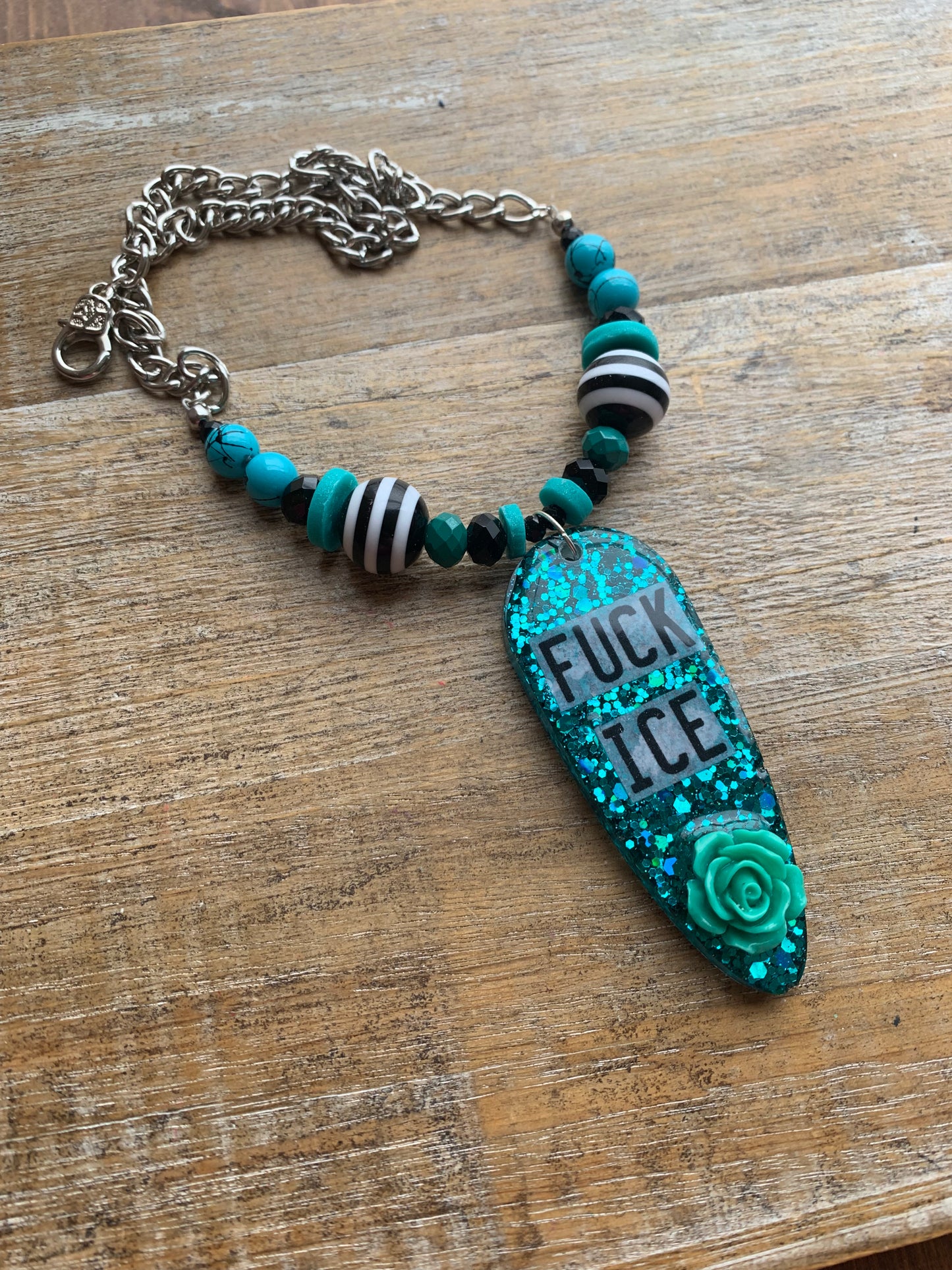 Fuck Ice Teal & Black Resin Gothic Beaded Protest Necklace
