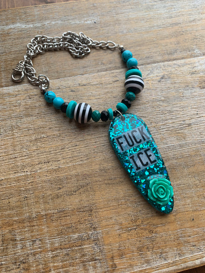 Fuck Ice Teal & Black Resin Gothic Beaded Protest Necklace
