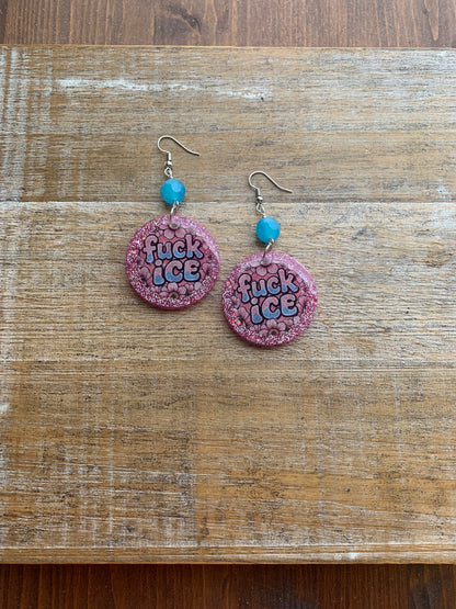 Fuck Ice Protest Activist Earrings Liberal Clip On Earrings Punk Pink Glitter Ear Hangers