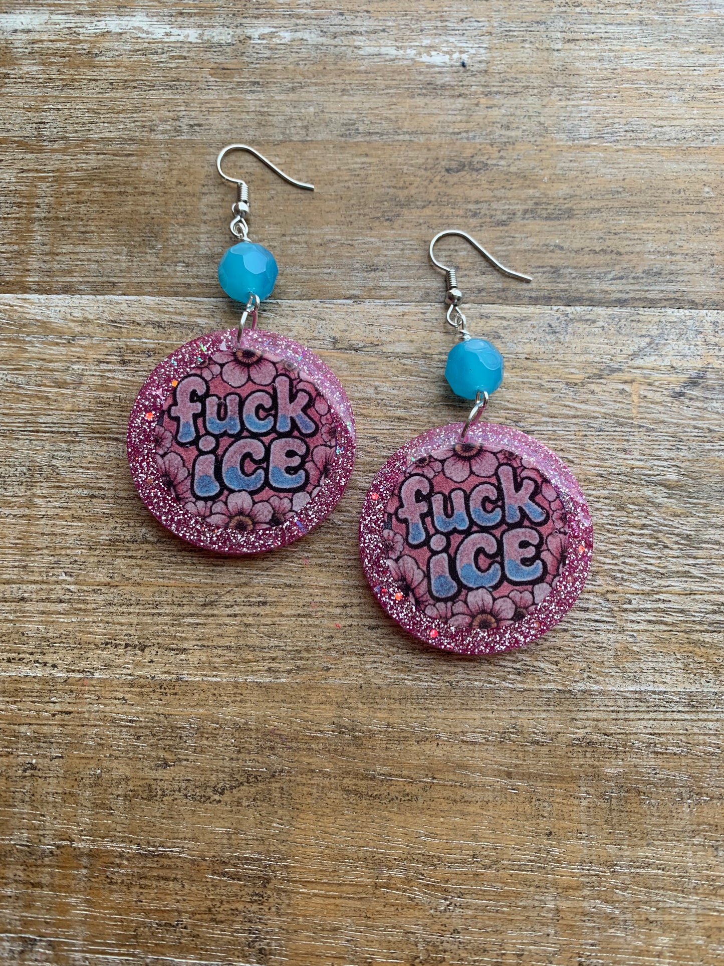 Fuck Ice Protest Activist Earrings Liberal Clip On Earrings Punk Pink Glitter Ear Hangers