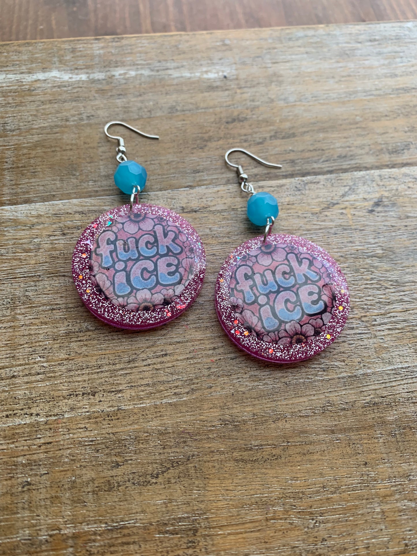 Fuck Ice Protest Activist Earrings Liberal Clip On Earrings Punk Pink Glitter Ear Hangers