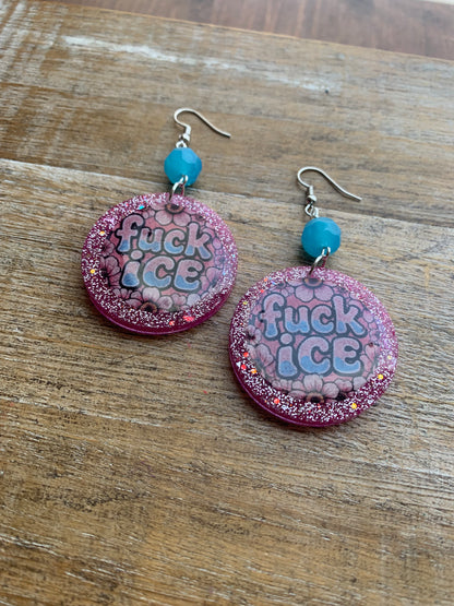 Fuck Ice Protest Activist Earrings Liberal Clip On Earrings Punk Pink Glitter Ear Hangers