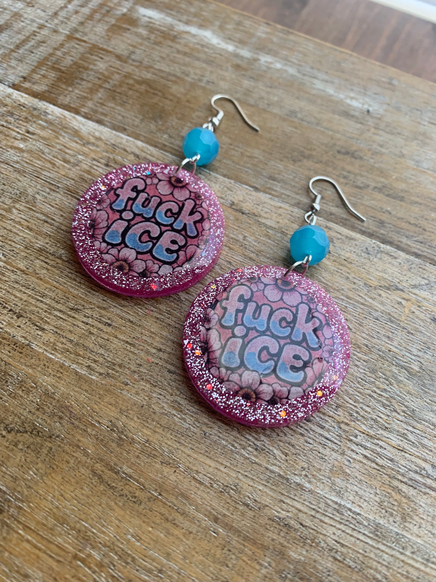 Fuck Ice Protest Activist Earrings Liberal Clip On Earrings Punk Pink Glitter Ear Hangers
