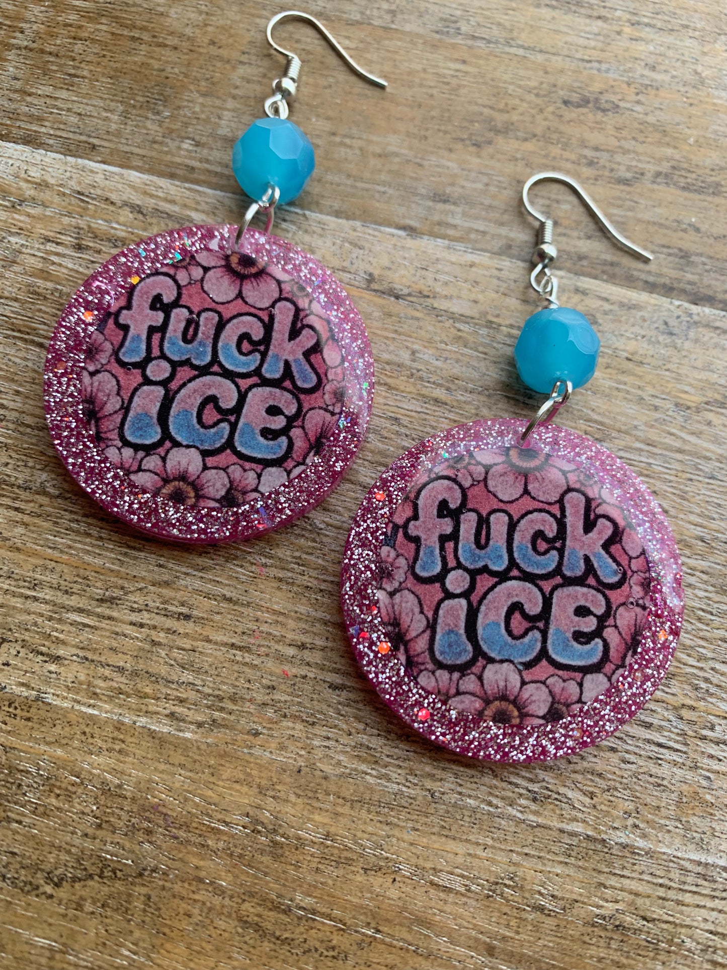 Fuck Ice Protest Activist Earrings Liberal Clip On Earrings Punk Pink Glitter Ear Hangers