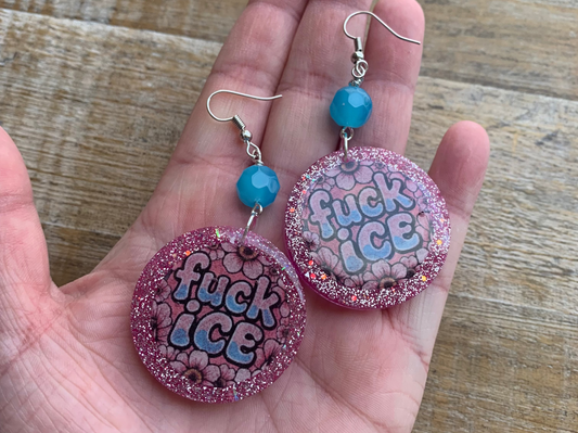 Fuck Ice Protest Activist Earrings Liberal Clip On Earrings Punk Pink Glitter Ear Hangers