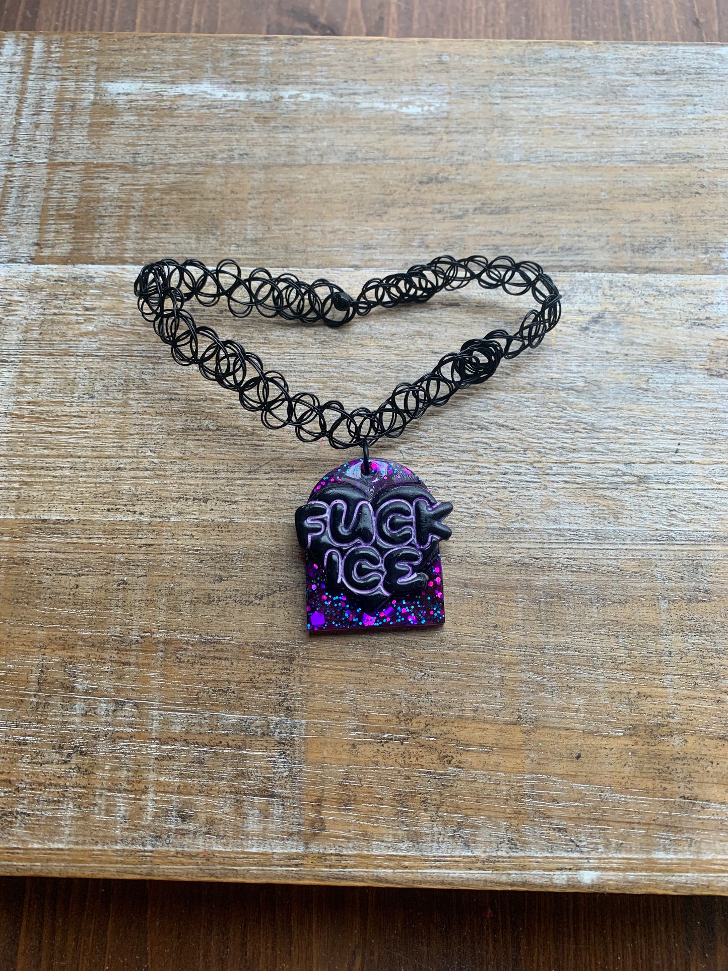 Fuck Ice Purple & Black Resin Clay Gothic Choker Tattoo Protest Necklace