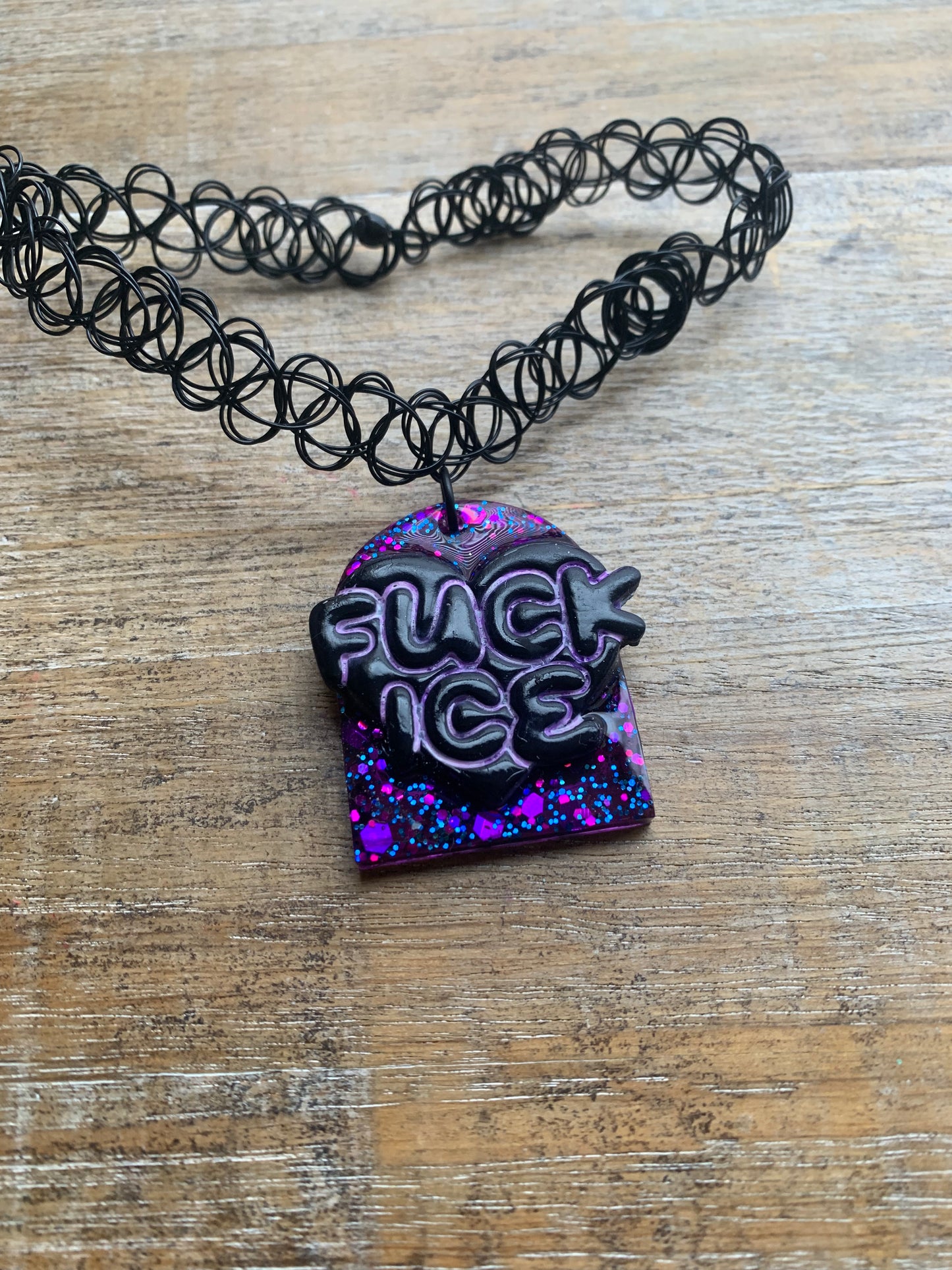 Fuck Ice Purple & Black Resin Clay Gothic Choker Tattoo Protest Necklace