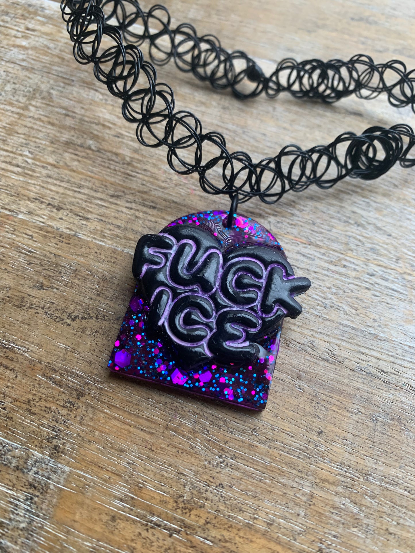 Fuck Ice Purple & Black Resin Clay Gothic Choker Tattoo Protest Necklace