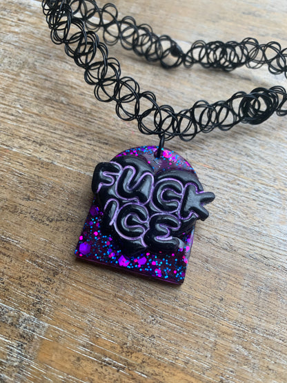 Fuck Ice Purple & Black Resin Clay Gothic Choker Tattoo Protest Necklace