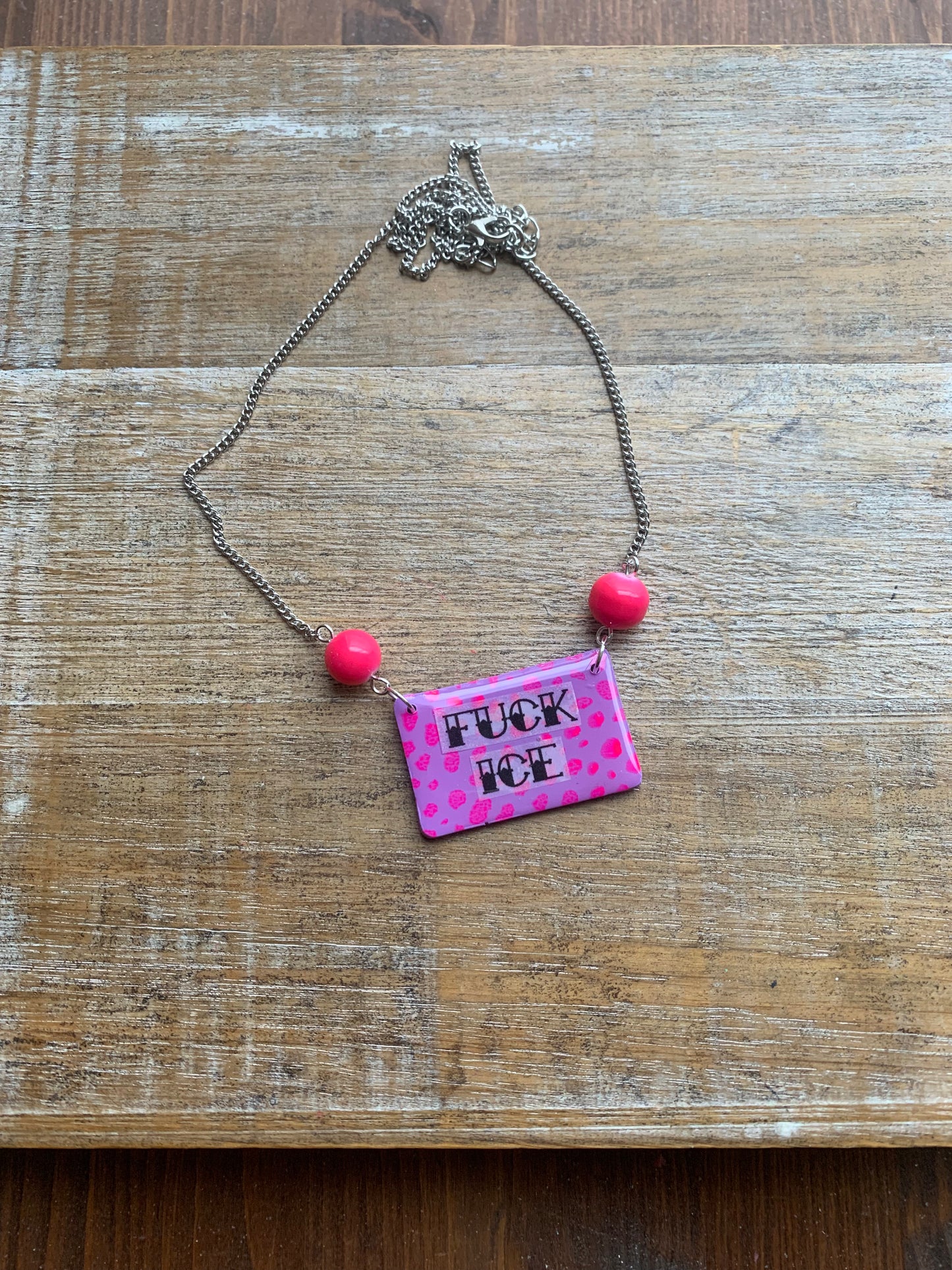 Fuck Ice Neon Pink & Black Clay Purple Beaded Protest Necklace