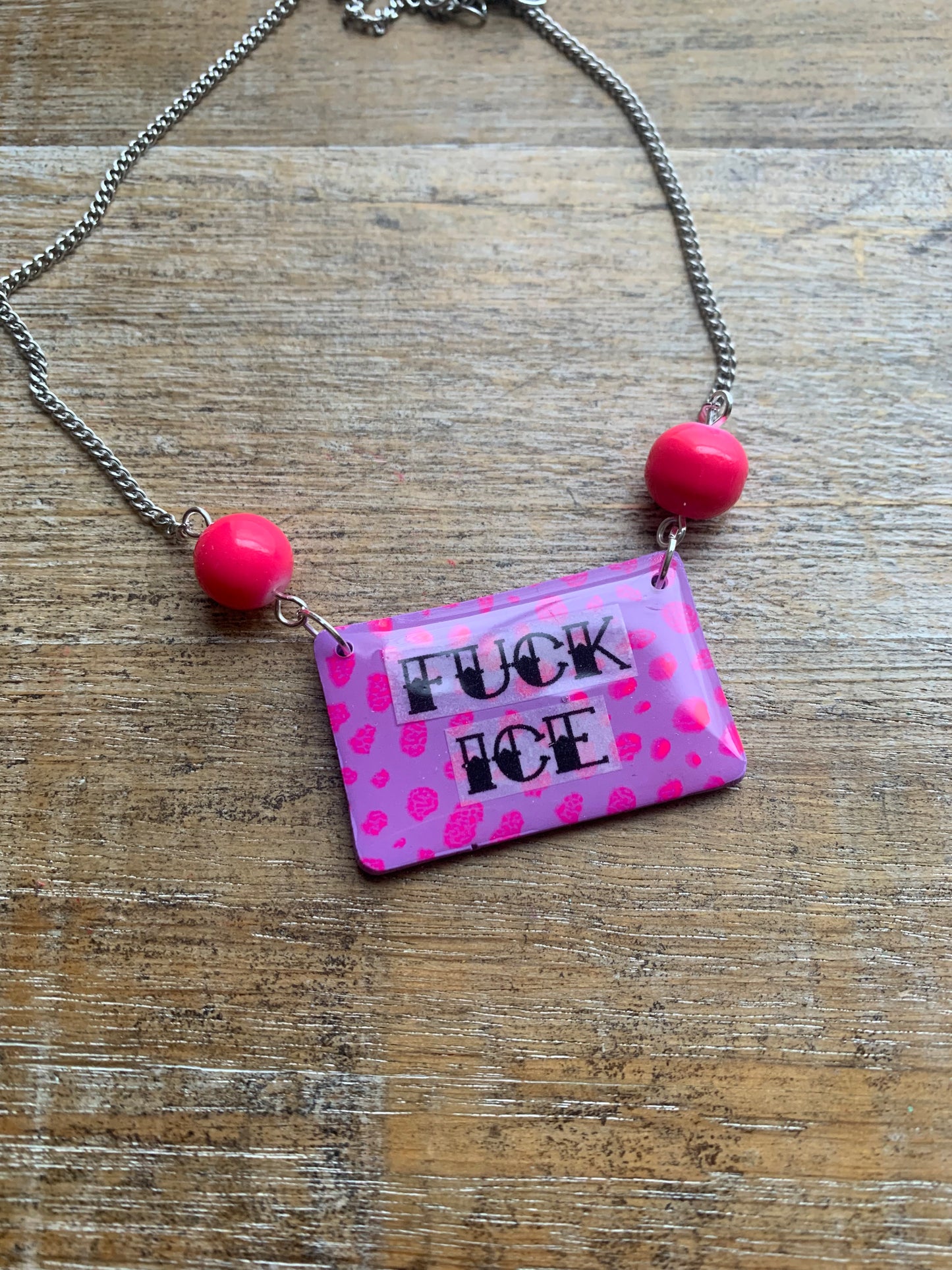 Fuck Ice Neon Pink & Black Clay Purple Beaded Protest Necklace