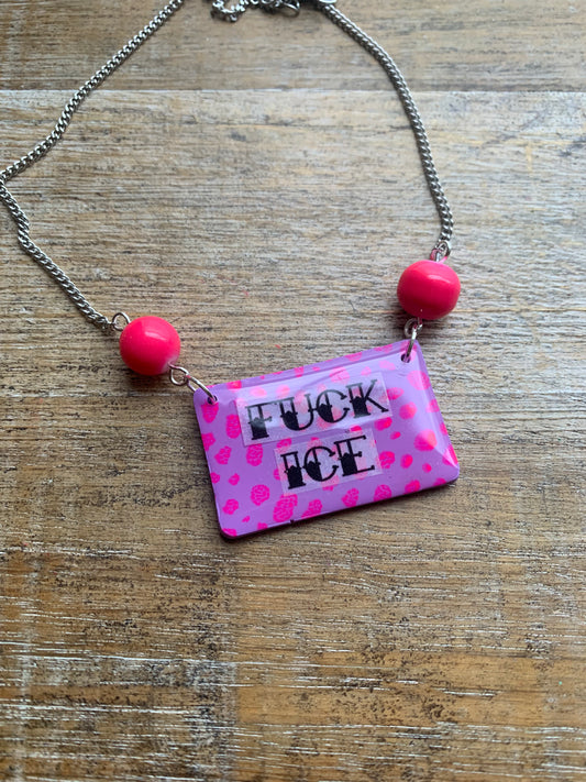 Fuck Ice Neon Pink & Black Clay Purple Beaded Protest Necklace