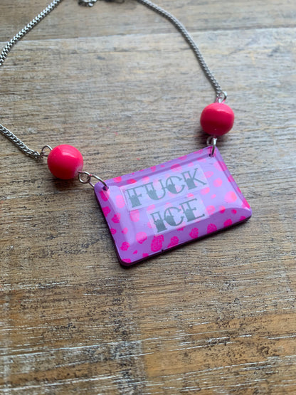 Fuck Ice Neon Pink & Black Clay Purple Beaded Protest Necklace