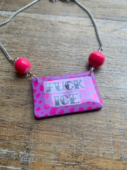 Fuck Ice Neon Pink & Black Clay Purple Beaded Protest Necklace