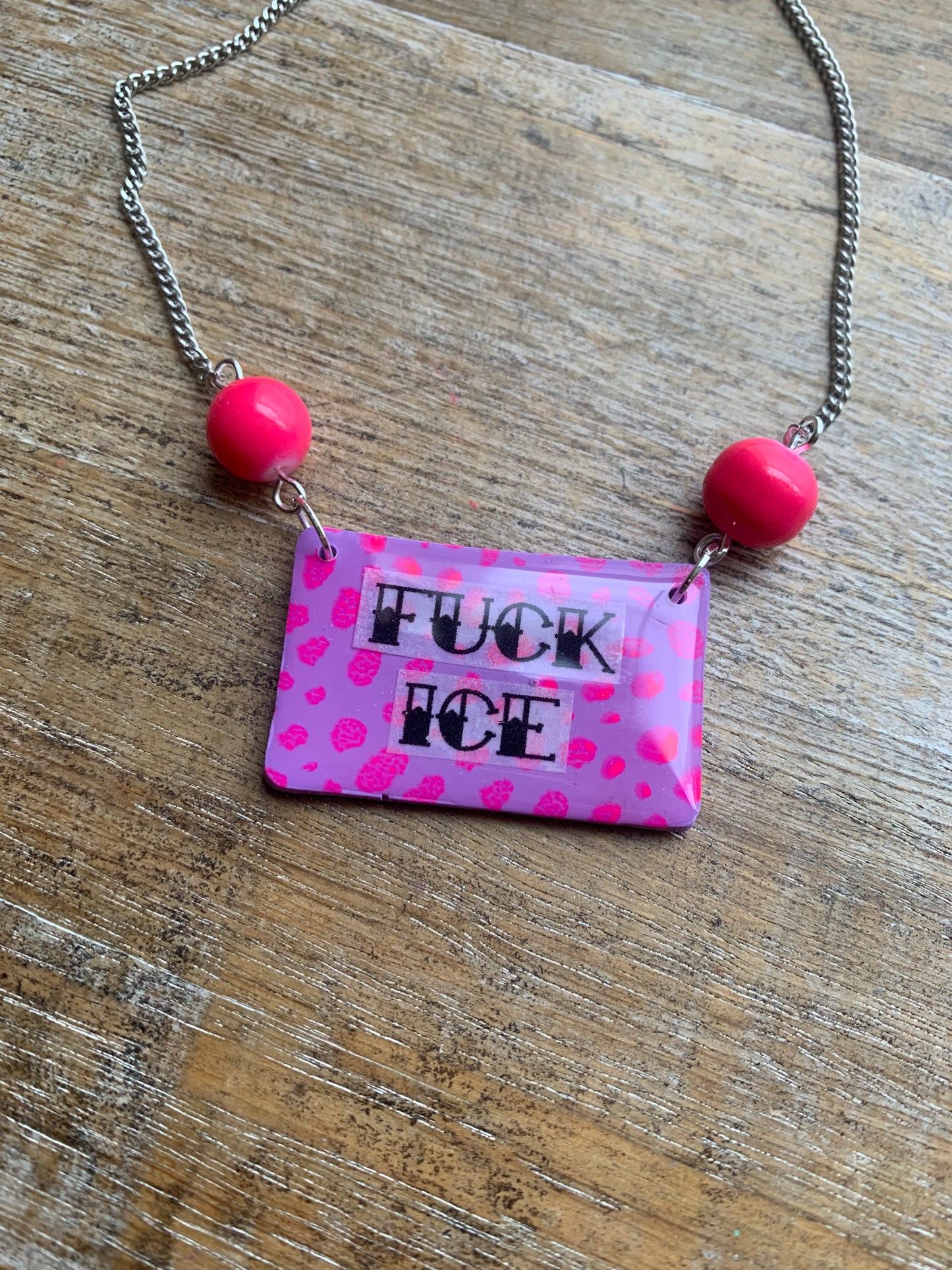 Fuck Ice Neon Pink & Black Clay Purple Beaded Protest Necklace