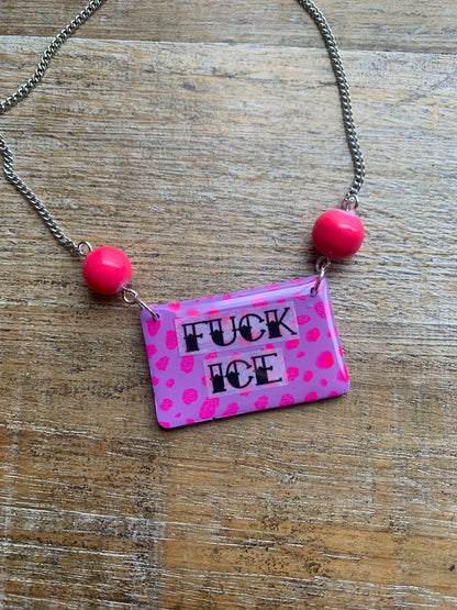 Fuck Ice Neon Pink & Black Clay Purple Beaded Protest Necklace