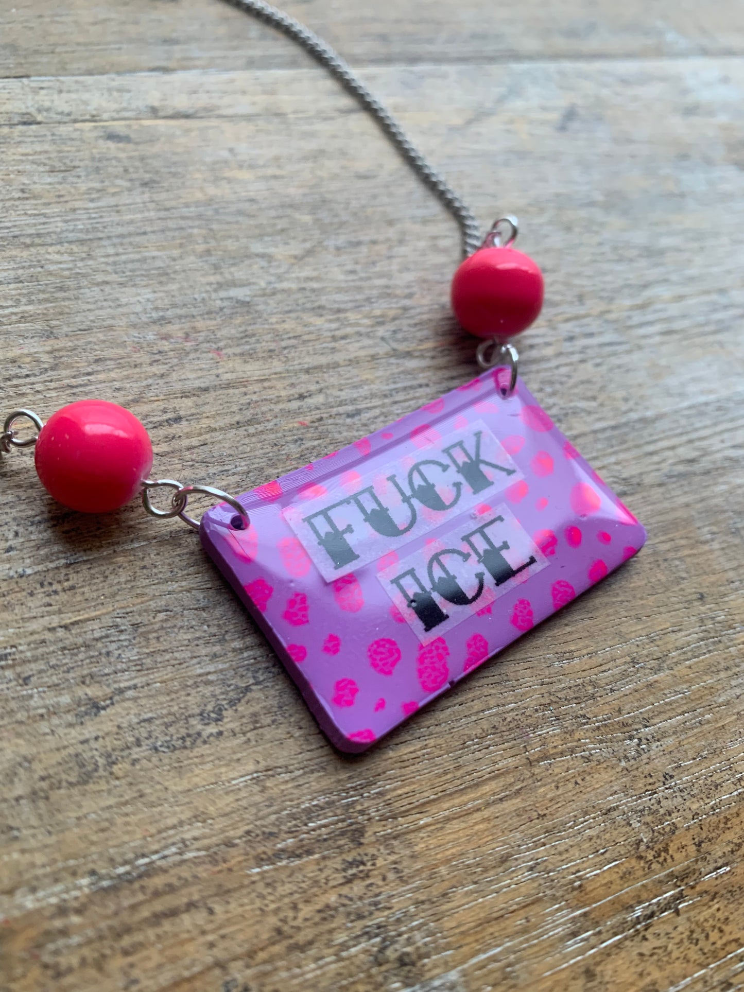 Fuck Ice Neon Pink & Black Clay Purple Beaded Protest Necklace