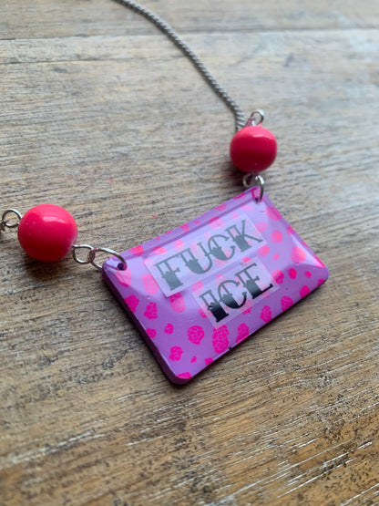 Fuck Ice Neon Pink & Black Clay Purple Beaded Protest Necklace