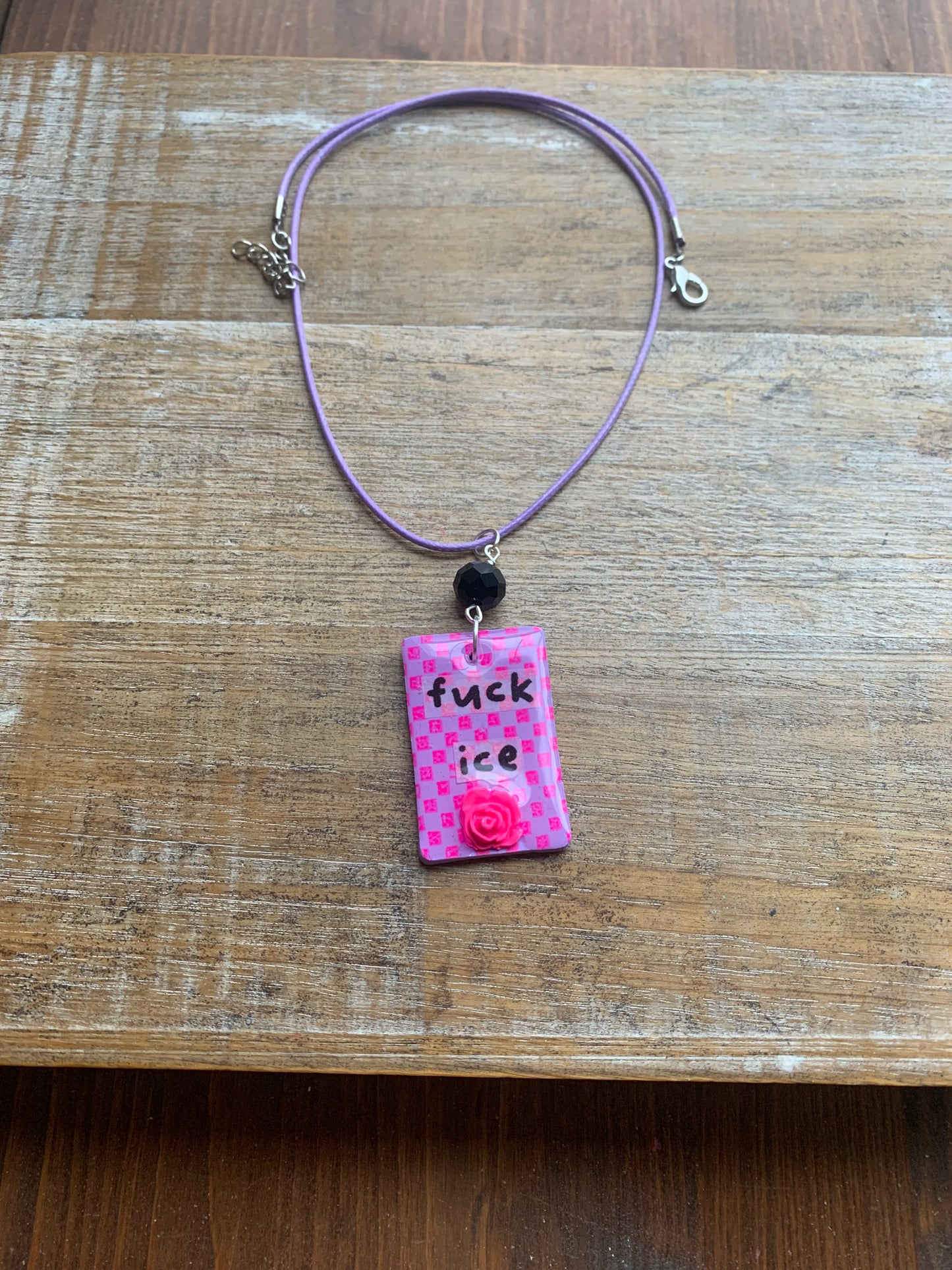 Fuck Ice Neon Pink & Black Clay Purple Beaded Protest Necklace