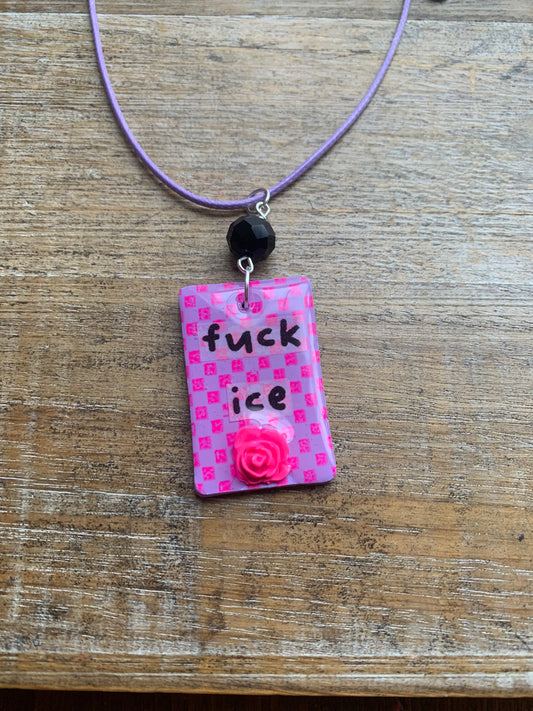 Fuck Ice Neon Pink & Black Clay Purple Beaded Protest Necklace