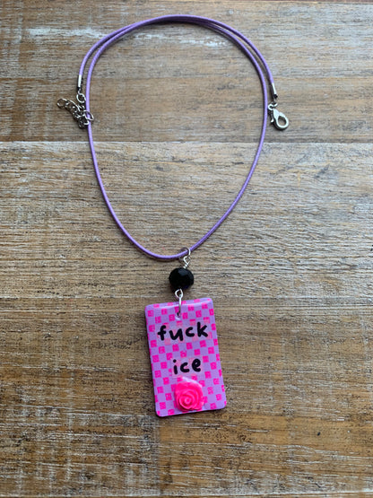 Fuck Ice Neon Pink & Black Clay Purple Beaded Protest Necklace