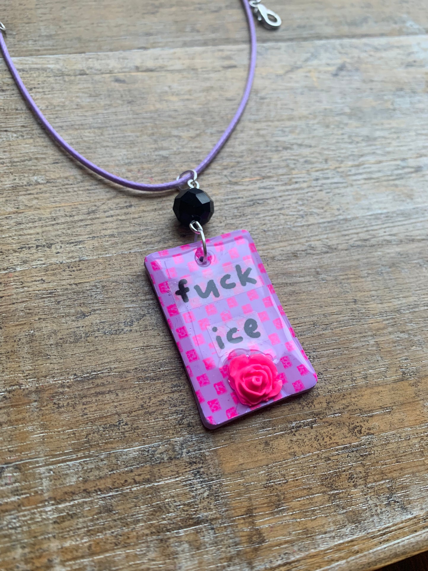 Fuck Ice Neon Pink & Black Clay Purple Beaded Protest Necklace