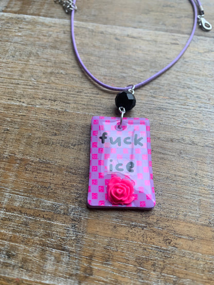 Fuck Ice Neon Pink & Black Clay Purple Beaded Protest Necklace
