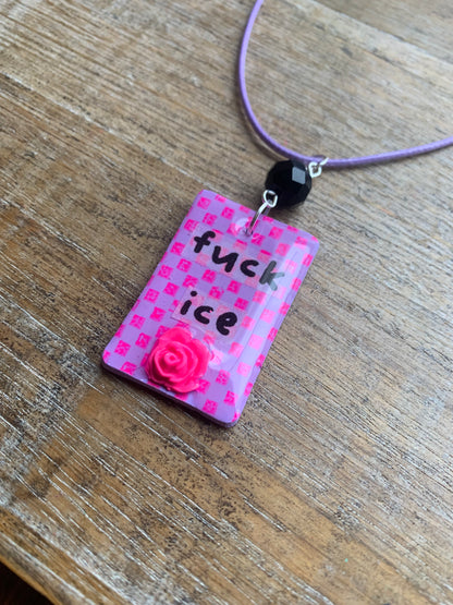 Fuck Ice Neon Pink & Black Clay Purple Beaded Protest Necklace