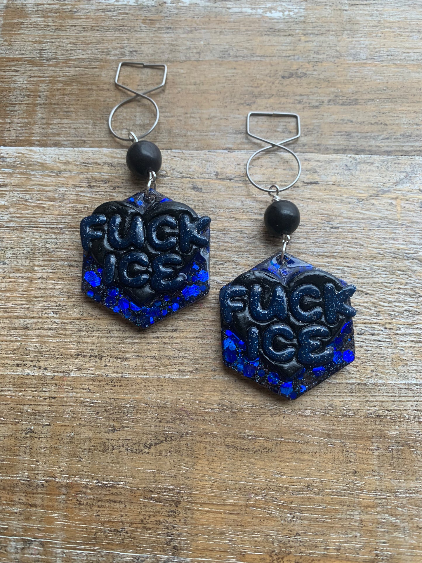 Fuck Ice Protest Activist Tunnel Gauge Earrings Liberal Clip On Earrings Black & Blue Gothic
