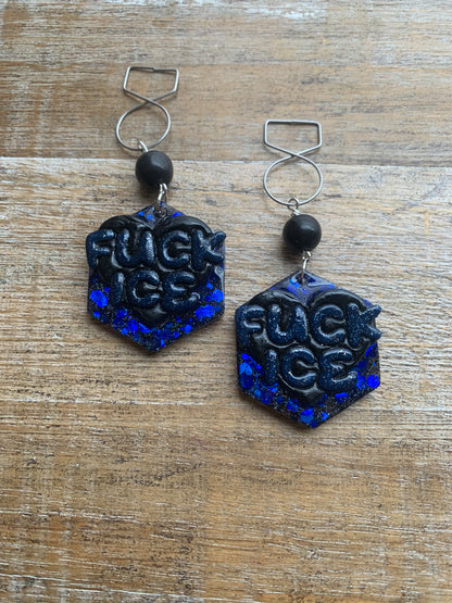Fuck Ice Protest Activist Tunnel Gauge Earrings Liberal Clip On Earrings Black & Blue Gothic