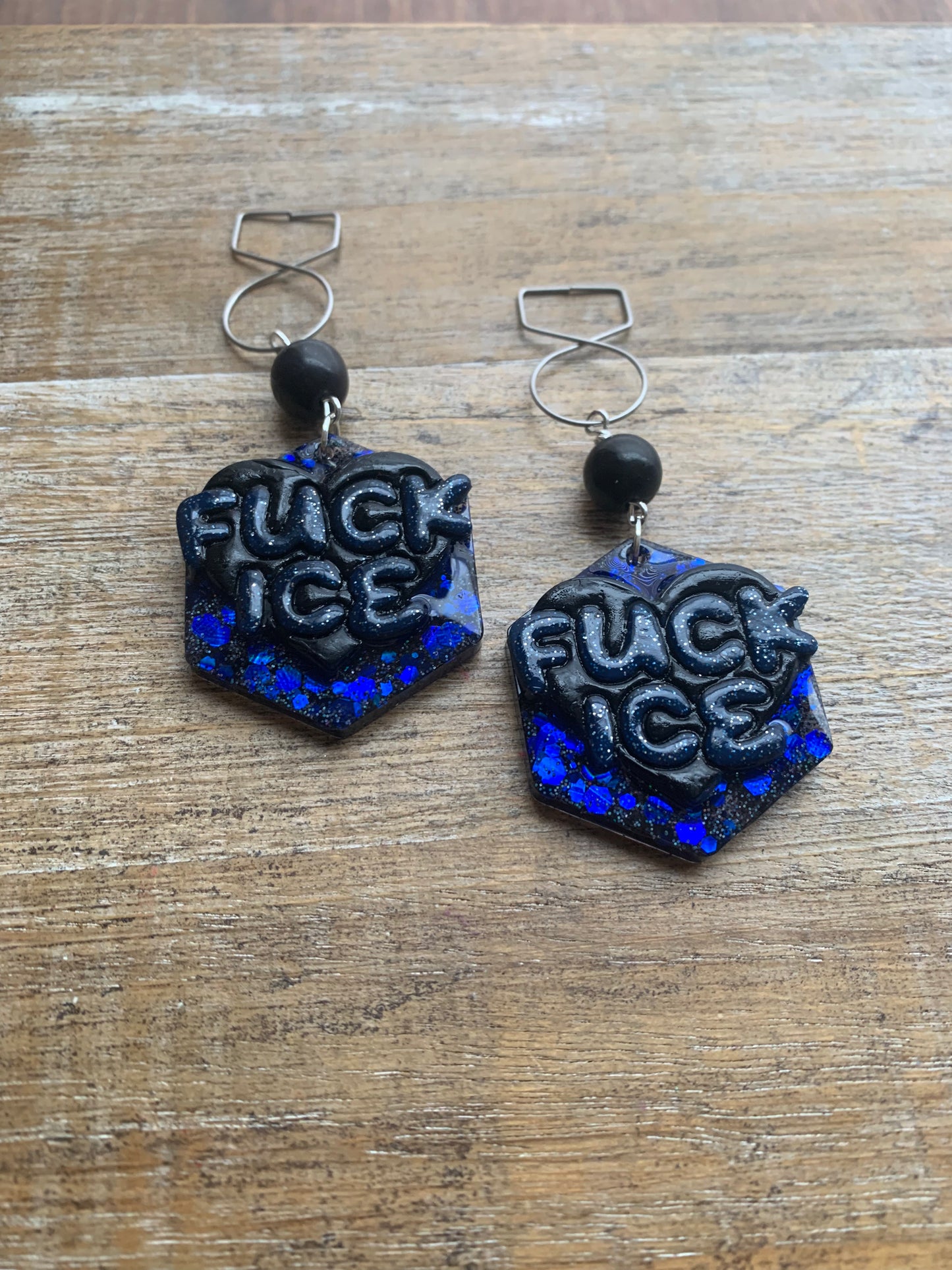 Fuck Ice Protest Activist Tunnel Gauge Earrings Liberal Clip On Earrings Black & Blue Gothic