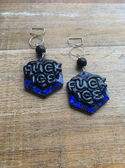 Fuck Ice Protest Activist Tunnel Gauge Earrings Liberal Clip On Earrings Black & Blue Gothic