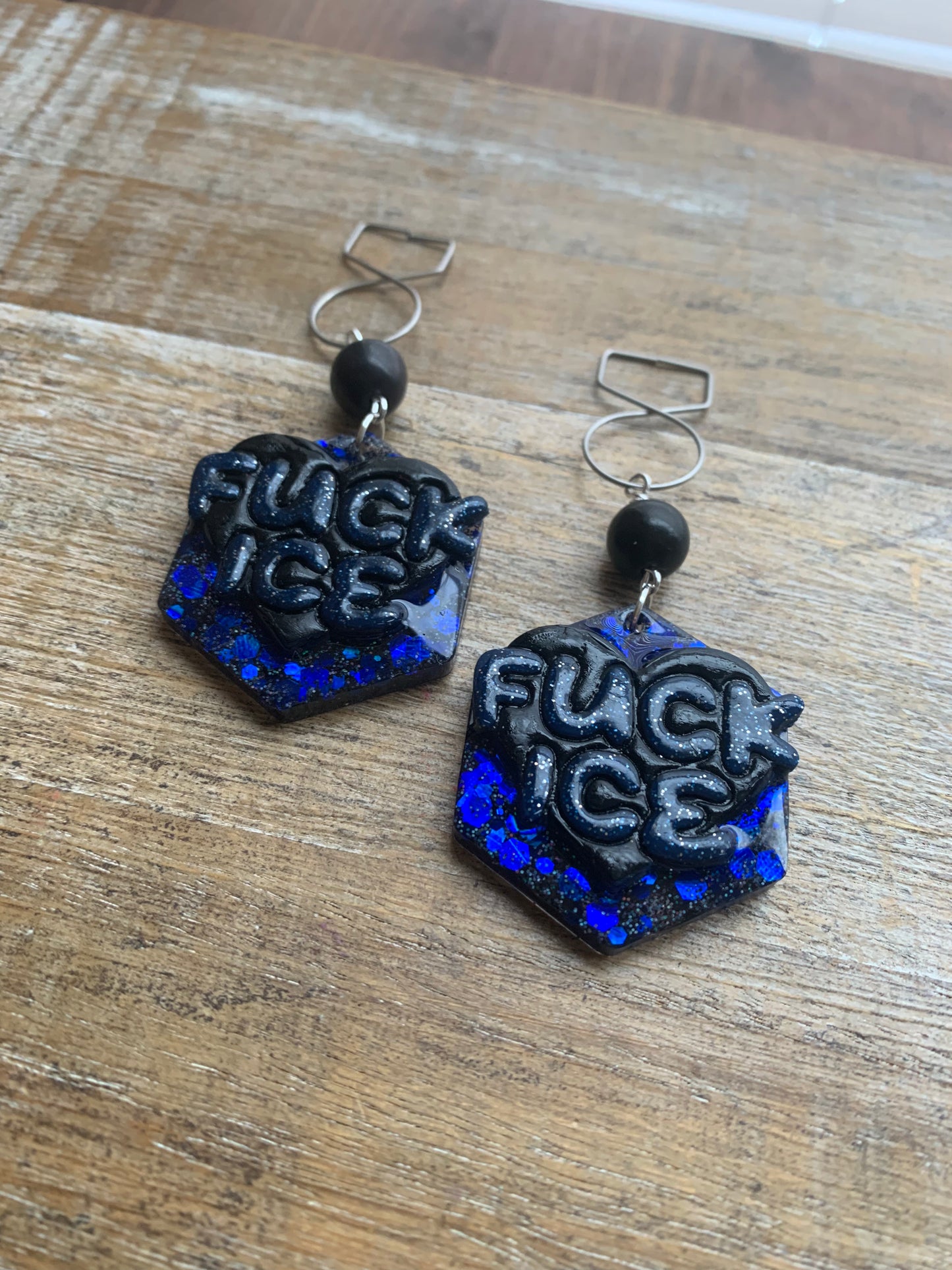 Fuck Ice Protest Activist Tunnel Gauge Earrings Liberal Clip On Earrings Black & Blue Gothic