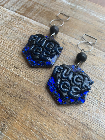 Fuck Ice Protest Activist Tunnel Gauge Earrings Liberal Clip On Earrings Black & Blue Gothic