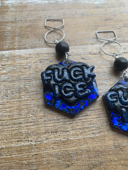 Fuck Ice Protest Activist Tunnel Gauge Earrings Liberal Clip On Earrings Black & Blue Gothic