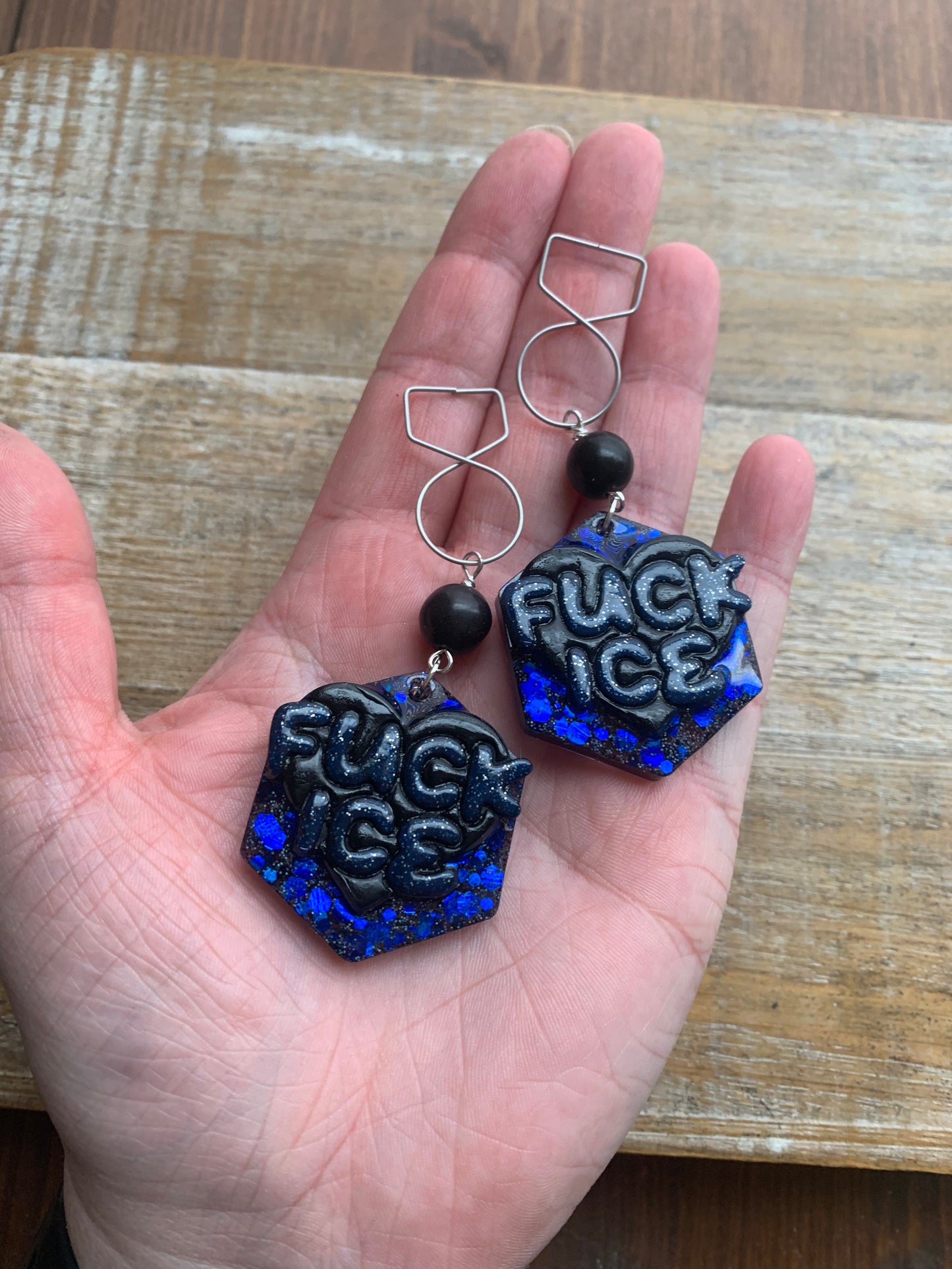 Fuck Ice Protest Activist Tunnel Gauge Earrings Liberal Clip On Earrings Black & Blue Gothic