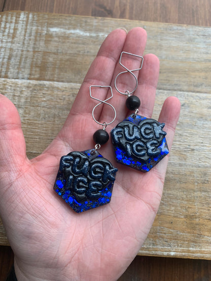 Fuck Ice Protest Activist Tunnel Gauge Earrings Liberal Clip On Earrings Black & Blue Gothic
