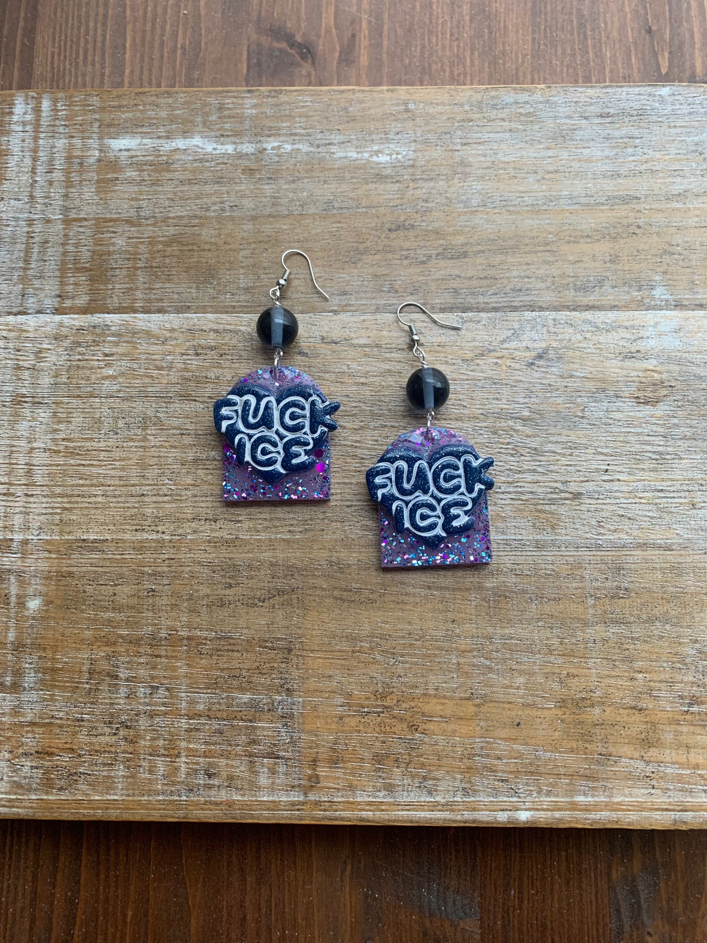 Fuck Ice Protest Activist Earrings Liberal Clip On Earrings Purple & Blue Gothic Ear Hangers