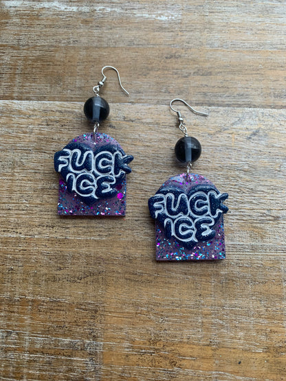 Fuck Ice Protest Activist Earrings Liberal Clip On Earrings Purple & Blue Gothic Ear Hangers