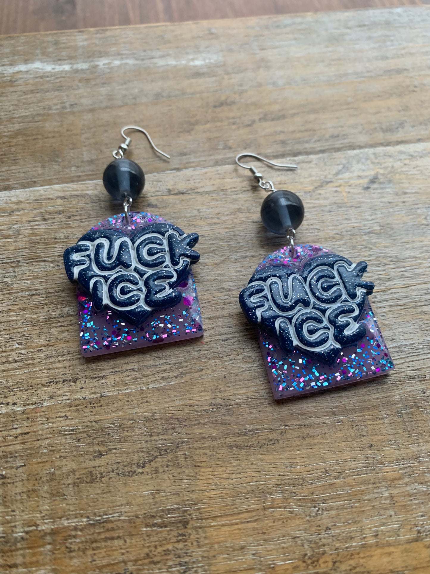 Fuck Ice Protest Activist Earrings Liberal Clip On Earrings Purple & Blue Gothic Ear Hangers