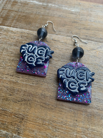 Fuck Ice Protest Activist Earrings Liberal Clip On Earrings Purple & Blue Gothic Ear Hangers