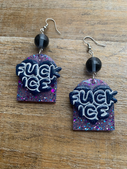 Fuck Ice Protest Activist Earrings Liberal Clip On Earrings Purple & Blue Gothic Ear Hangers