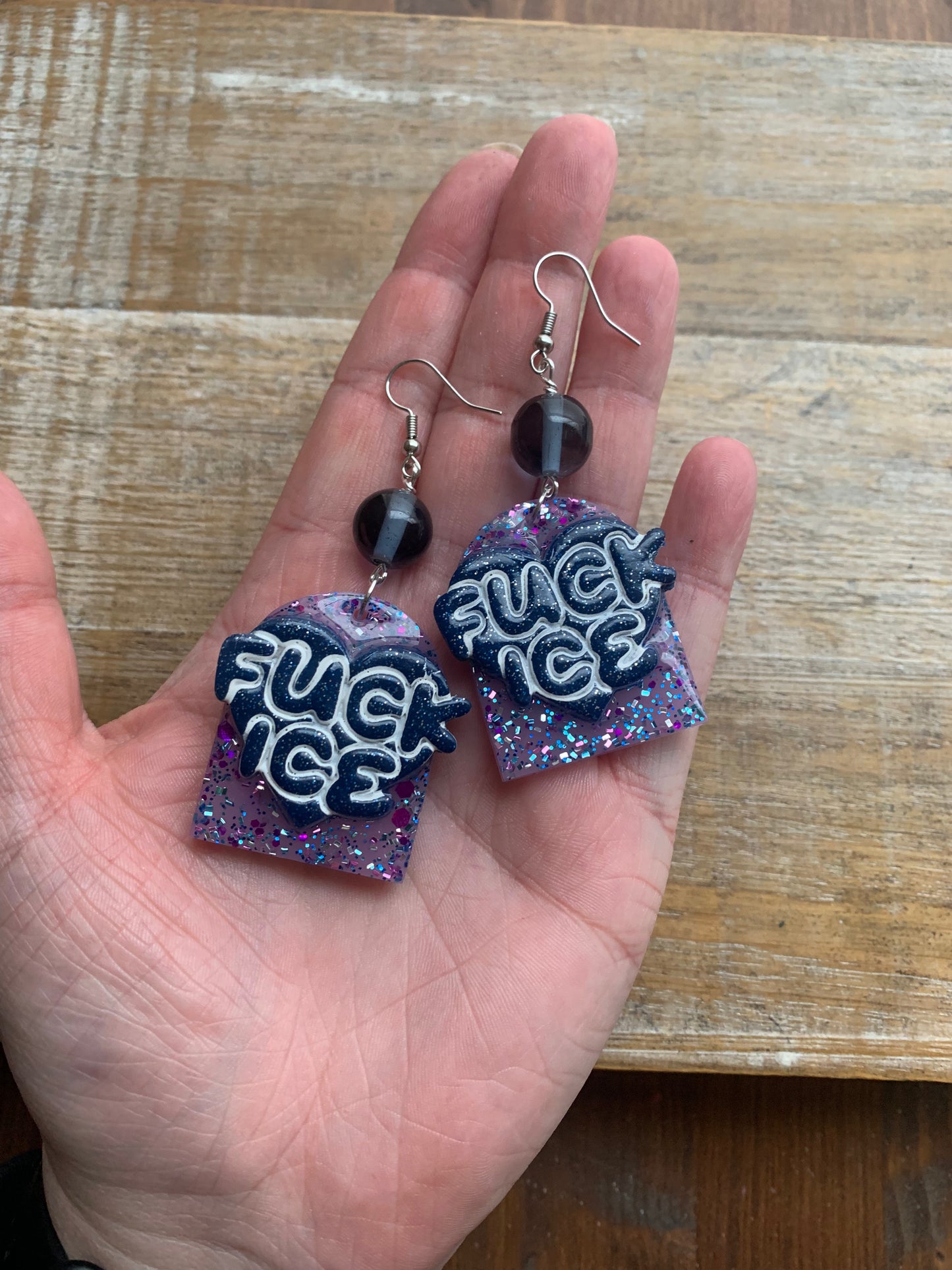 Fuck Ice Protest Activist Earrings Liberal Clip On Earrings Purple & Blue Gothic Ear Hangers