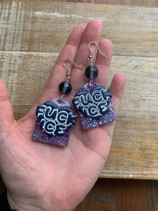 Fuck Ice Protest Activist Earrings Liberal Clip On Earrings Purple & Blue Gothic Ear Hangers