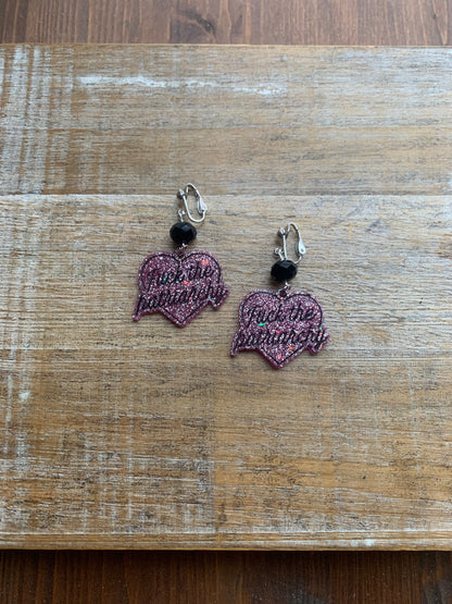 Fuck the Patriarchy Pink Glitter Heart Clip On Earrings Resin Tunnel Gauge Earrings