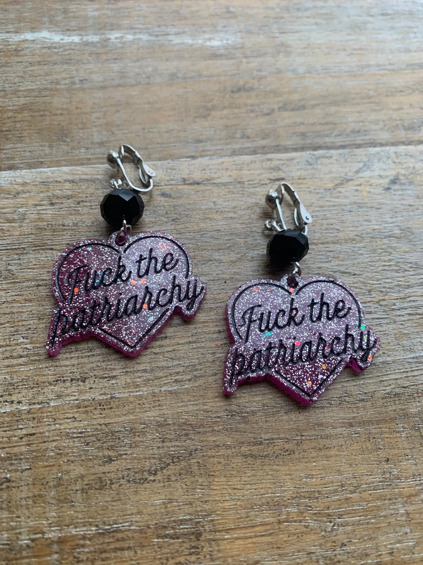 Fuck the Patriarchy Pink Glitter Heart Clip On Earrings Resin Tunnel Gauge Earrings