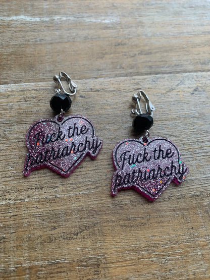 Fuck the Patriarchy Pink Glitter Heart Clip On Earrings Resin Tunnel Gauge Earrings