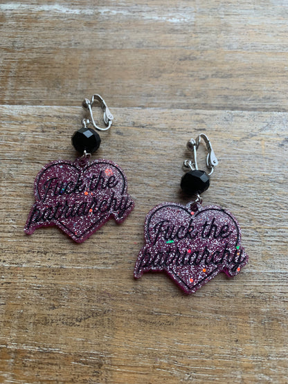 Fuck the Patriarchy Pink Glitter Heart Clip On Earrings Resin Tunnel Gauge Earrings