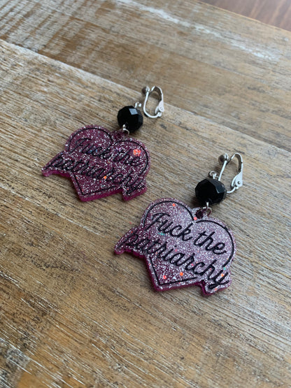 Fuck the Patriarchy Pink Glitter Heart Clip On Earrings Resin Tunnel Gauge Earrings